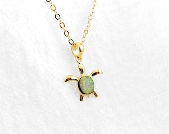 Small Gold Turtle Necklace White Opal, White Opal Accent Turtle Jewelry with Gold Cable Chain / 925 Sterling Silver with 18k Gold Overlay