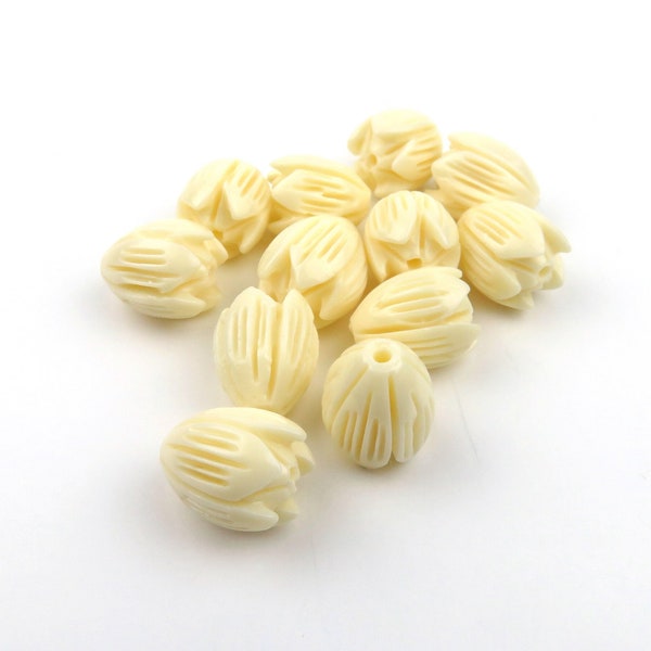 Pikake Beads Loose Beads / DIY Hawaiian Jasmine Flower Island Style Carved Composite Resin Coral Tulip Cream Ivory Bulk beads, 8mm 10mm 12mm