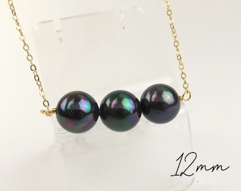 12mm Rainbow Triple Floating Pearl Necklace / Hawaiian Hamilton Gold Triple Pearl Necklace, Simple and Elegant