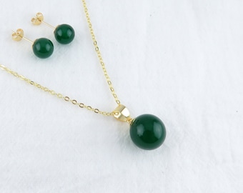 Green Jade Necklace / Green Jade Stud Earrings / Petite Imperial Green Jade Hamilton Gold Jade Jewelry Set, minimalist jade jewelry