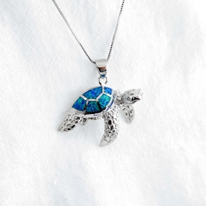 Blue Opal Sea Turtle Necklace, Swimming Turtle, 925 Sterling Silver Jewelry