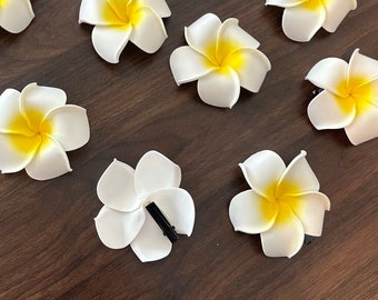 White and Yellow Plumeria Flower Clip, Artificial Foam Flower, Ear Flower / Adult and Kid's Size Ear Flower Hair Clip, Frangipani, Pua
