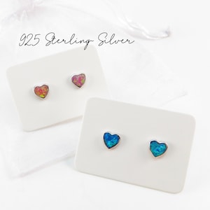 Heart Stud Earrings, Fire Opal Inlay / Baby Opal Earring, 925 Sterling Silver, Blue White Pink Opal
