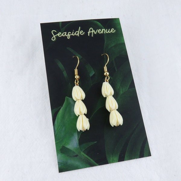 Pikake Dangling Earrings / 3 Pikake Stacked, Hawaiian Jasmine Flower Tulip, Handmade Earrings, Island Style Jewelry Pikake