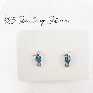 Baby Seahorse Blue Stud Earrings - 925 Sterling silver, Minimalist Beach Gift for Her Sea life Fashion