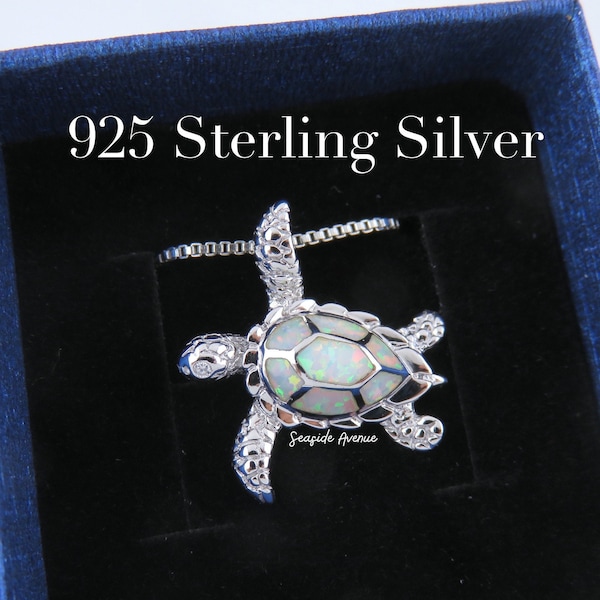 Collier de tortue de mer opale blanche / Argent sterling massif 925 avec incrustation d’opale de feu