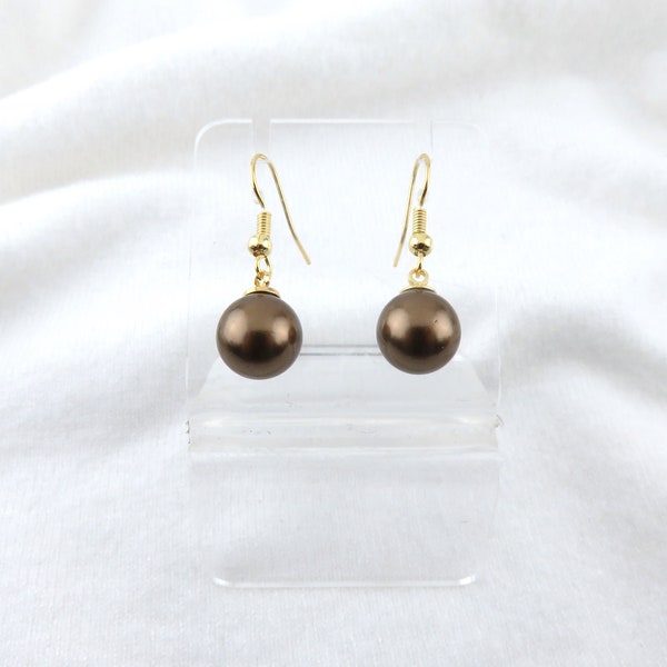 10mm Brown Shell Pearl Dangling Earrings / Chocolate Pearl