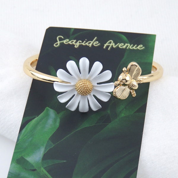 Daisy and Bee Bangle / Open Bangle, Fits Size 7.5" - 8.5"
