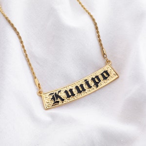 Kuuipo Necklace, Gold and Black / Old English Letter Engraving, Black Enamel, Hamilton Gold, 24" Rope Chain, Sweet Heart Hawaiian Jewelry