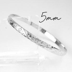Brazalete de plata de 5 mm con diseño hawaiano/pulsera con diseño de pergamino de reliquia, joyería de estilo isleño, apilable