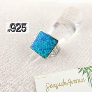 17mmx 17mm Large Square Blue Opal Inlay 925 Sterling Silver Ring