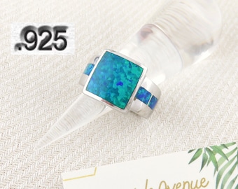 Size 11 Large Square Blue Opal Inlay with Opal Accented Band 925 Sterling Silver Ring