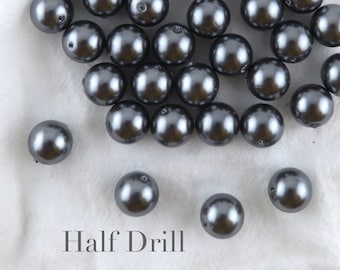 Half Drilled Black Loose Pearls / 8mm 10mm 12mm, Loose Shell Pearls for Jewelry Making, Earring Making, Round Pearls, Tahitian Shell Pearl