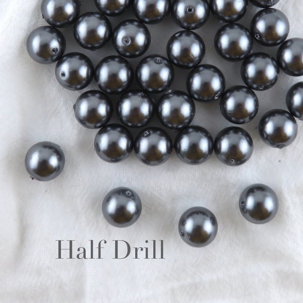Half Drilled Black Loose Pearls / 8mm 10mm 12mm, Loose Shell Pearls for Jewelry Making, Earring Making, Round Pearls, Tahitian Shell Pearl