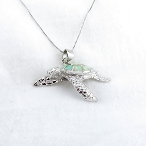 White Opal Sea Turtle Necklace, Swimming Turtle Necklace, 925 Sterling Silver Jewelry, Animal Lover, Sea Life