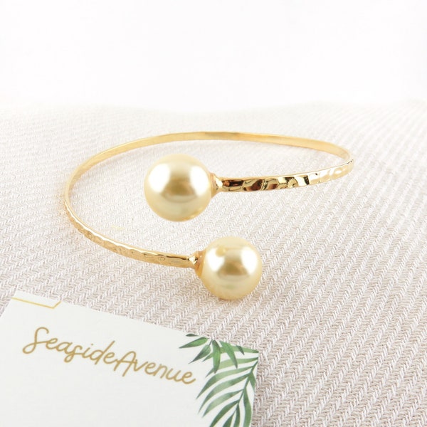 Double Sunrise Yellow Pearl Cuff Bypass Bangle / Edison Shell Pearl, Hamilton Gold Double Pearl Bangle, Simple and Elegant Jewelry Bangle