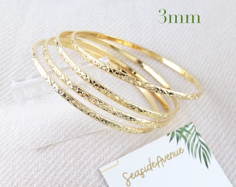 3mm Thin Gold Hawaiian Design Bangle / Heirloom Scroll Design Bracelet, Island Style, Stackable, Thin Gold Bangle, Simple, Everyday Wear