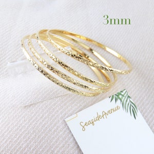 3mm Thin Gold Hawaiian Design Bangle / Heirloom Scroll Design Bracelet, Island Style, Stackable, Thin Gold Bangle, Simple, Everyday Wear