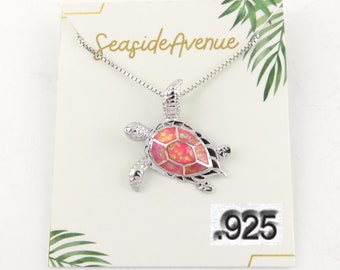 Pink Fire Opal Hawaiian Sea Turtle Necklace / 925 sterling silver