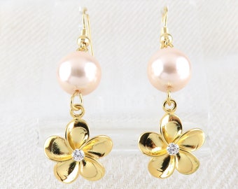 Gold Plumeria Flower with Edison Pink Pearl Dangling Earrings / Plumeria Necklace, Matching Jewelry Set