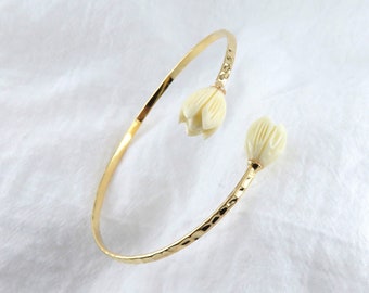 Pikake Cuff Bypass Bangle / Hawaiian Heirloom Design, Hamilton Gold, Simple and Elegant Jewelry, Pearl Bangle, Open Bangle, Adjustable