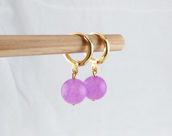 Gold Hoops, Hoop Earrings with Lavender Purple Jade, Huggies, Minimal Jewelry