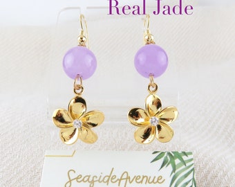 Lavender Jade Plumeria Dangle Earrings / Hawaiian Hamilton Gold Plumeria Flower, Island Style Hawaiian Jewelry