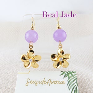 Lavender Jade Plumeria Dangle Earrings / Hawaiian Hamilton Gold Plumeria Flower, Island Style Hawaiian Jewelry