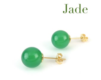 Round Green Jade Stud Earrings in Gold / Natural Jade Simple Earrings, 8mm, 10mm