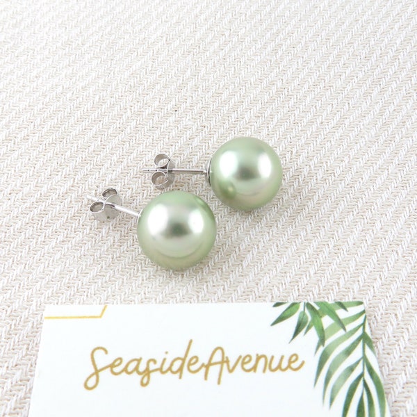 Green Pearl Stud Silver Earrings / Minimalist Elegant Jewelry Simple Everyday Wear, Shell Pearl, Sterling Silver