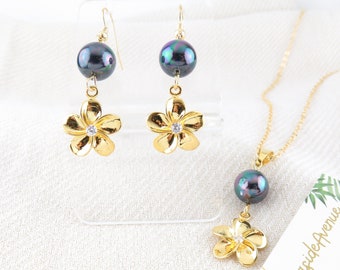 Gold Plumeria Flower with Rainbow Peacock Pearl Dangling Earrings / Plumeria Necklace, Matching Jewelry Set