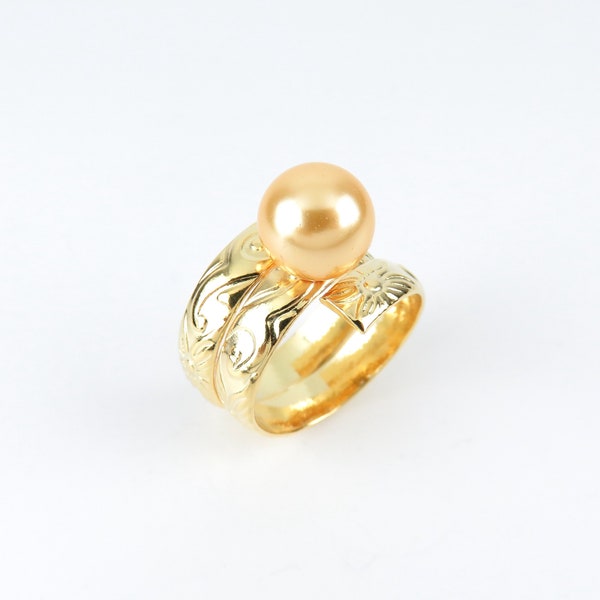 5mm Twirl Ring, Yellow Golden South Sea Shell Pearl / Hamilton Gold Adjustable Wrap Ring in Hawaiian Heirloom Design