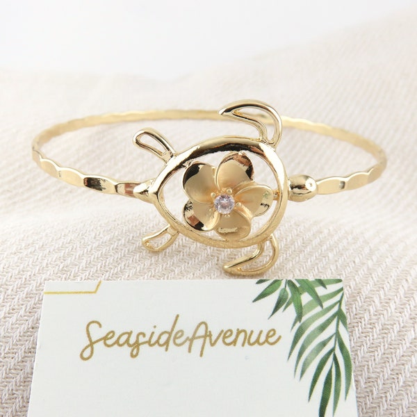 Turtle Bangle / Hawaiian Style Jewelry, Gold, Plumeria Flower