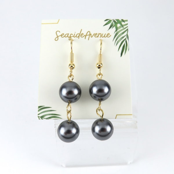Women's Black Pearl Dangling Earrings Double Pearl Earrings Tahitian Shell Pearl Earrings Hawaiian Hamilton Gold Simple and Elegant