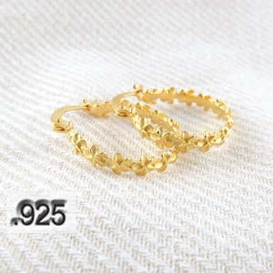 14KT Gold Vermeil, Solid 925 Sterling Silver Plumeria Flower Hoop Earrings