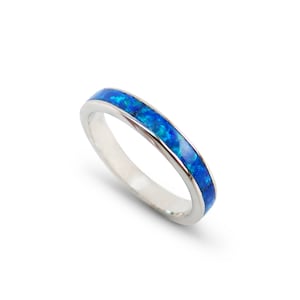 May include: A silver band ring with a thin blue opal inlay.