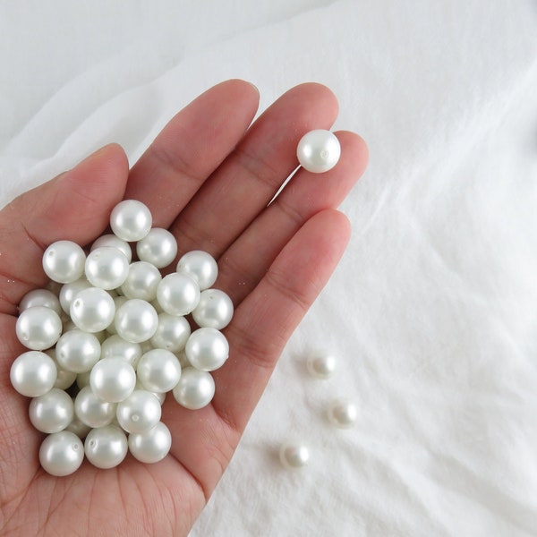 White Shell Pearl Smooth Round Beads, Center Drilled White Loose Pearls / 6mm 8mm 10mm Loose Shell Pearls for Jewelry Making