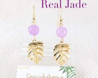 Monstera and Purple Jade Earrings / Real Jade, Lavender Jade