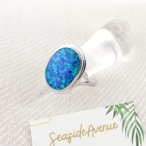 Oval Blue Opal Ring, Opal Inlay 925 Sterling Silver Unisex Ring, Large Statement Ring