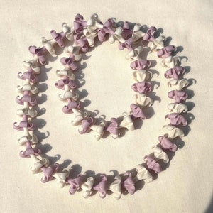 Handmade White and Purple Puakenikeni Flower Lei, Life-Like Clay Flowers, Handcrafted and Oven-Baked Flowers, Hawaiian Heritage Collection