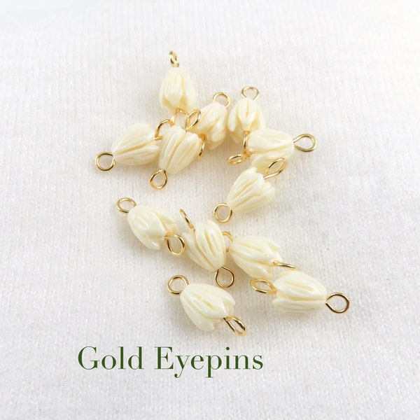 Top Hanging, Ivory Pikake Jasmine Beads in Gold Eye pin Wires / Loose White Pikake Beads in Gold Wires, Island Style Jewelry Making