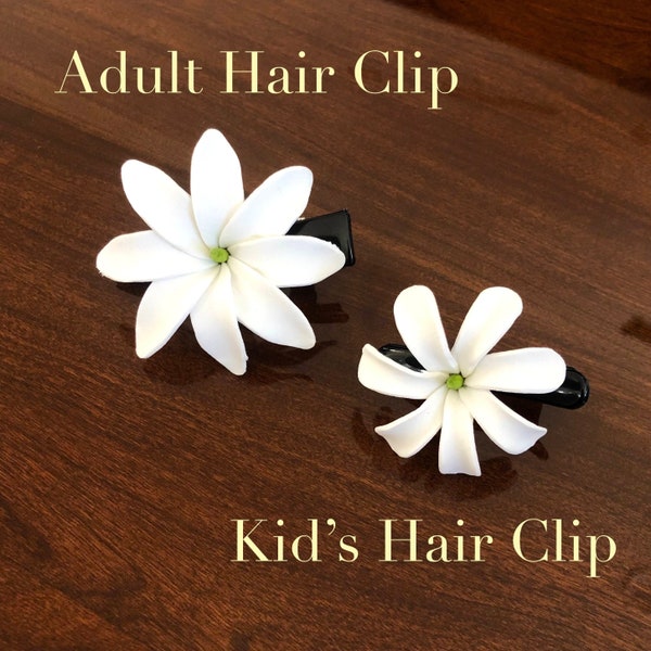 Barrette à cheveux fleur de tiaré en mousse / gardénia de Tahiti, barrette, barrettes pour enfants et adultes, vert et blanc, vraies fleurs au toucher, fleur de tiaré