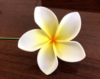 3" White and Yellow Plumeria, Artificial Foam Flower, Ear Flower / Ear Flower with Stem, Frangipani, Pua