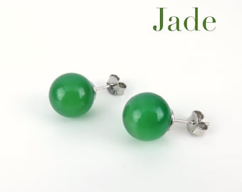 Round Green Jade Stud Earrings in Silver / Natural Jade Simple Earrings, 8mm, 10mm