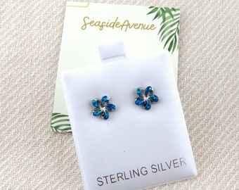 Blue Flower Stud Earrings, 925 Sterling Silver