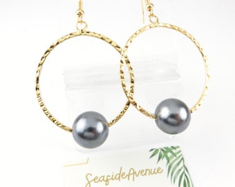 Floating Pearl Hoop Earrings with Black Shell Pearl