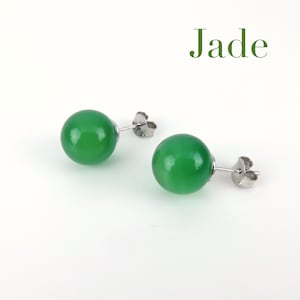 Pendientes redondos de jade verde en plata / Pendientes sencillos de jade natural, 8 mm, 10 mm