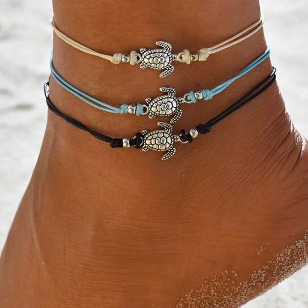 Turtle Rope Anklet / Cordon de corde en nylon ciré imperméable, Réglable, Bleu Noir Blanc, Bijoux de plage, Surfeur, Tropical, Animal