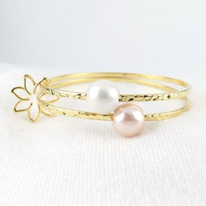 Set of 2 Bangles, Hamilton Gold Hammer-Cut Bangle with Floating Pink and White Shell Pearl with Tiare Flower Charm, Stackable Bangles