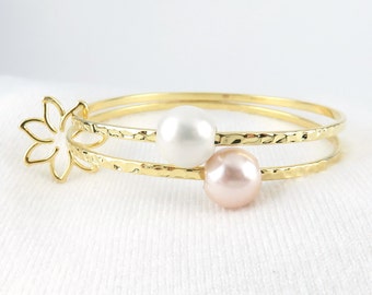 Set of 2 Bangles, Hamilton Gold Hammer-Cut Bangle with Floating Pink and White Shell Pearl with Tiare Flower Charm, Stackable Bangles
